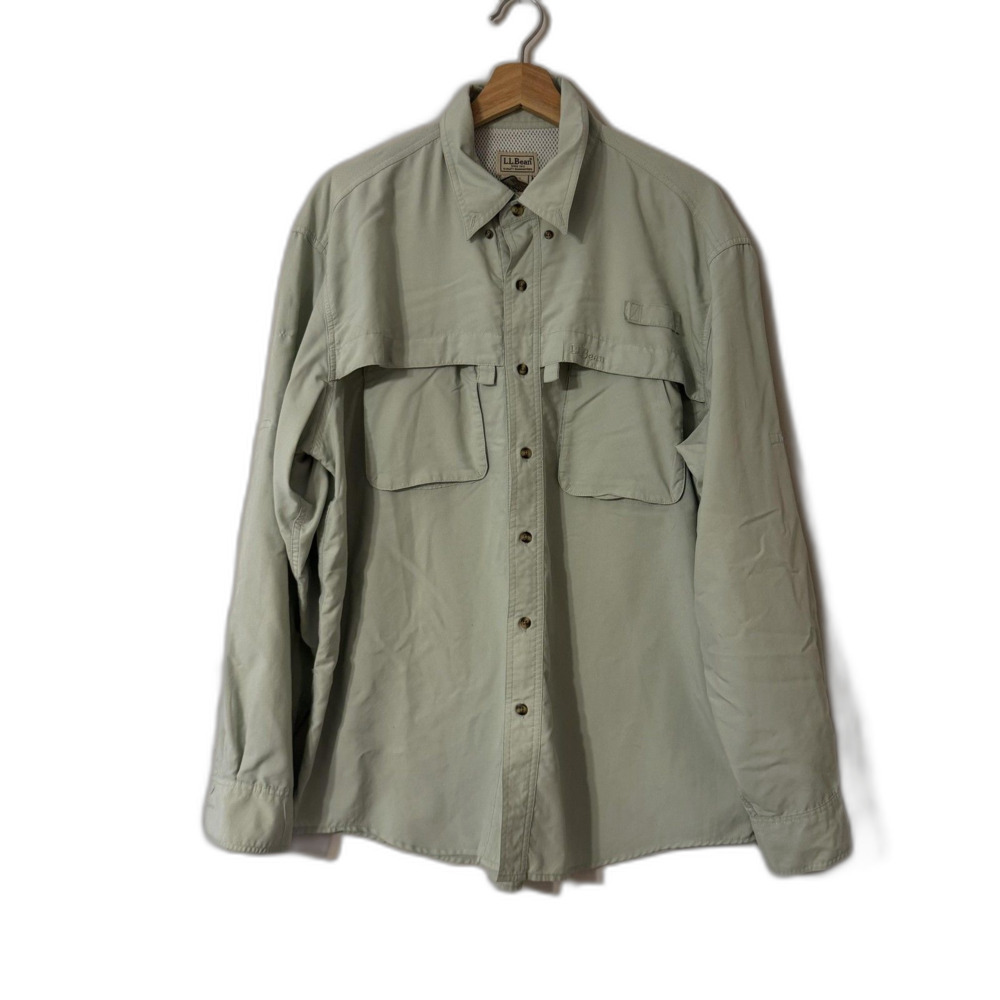L.L.Bean Fishing Shirt Mens Large Green Vented Mesh Lined Button Up Outdoor